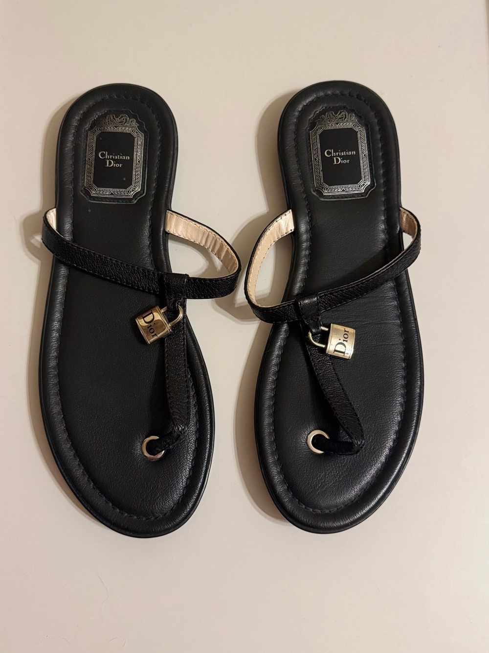 Christian Dior Size 38.5= 8.5 black leather t-strap sandals with padlock charm